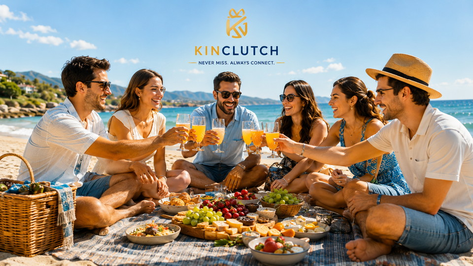 Friends celebrating together beside the ocean under a vivid blue sky