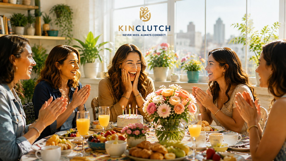 Friends celebrating a birthday over a bright flower-filled brunch