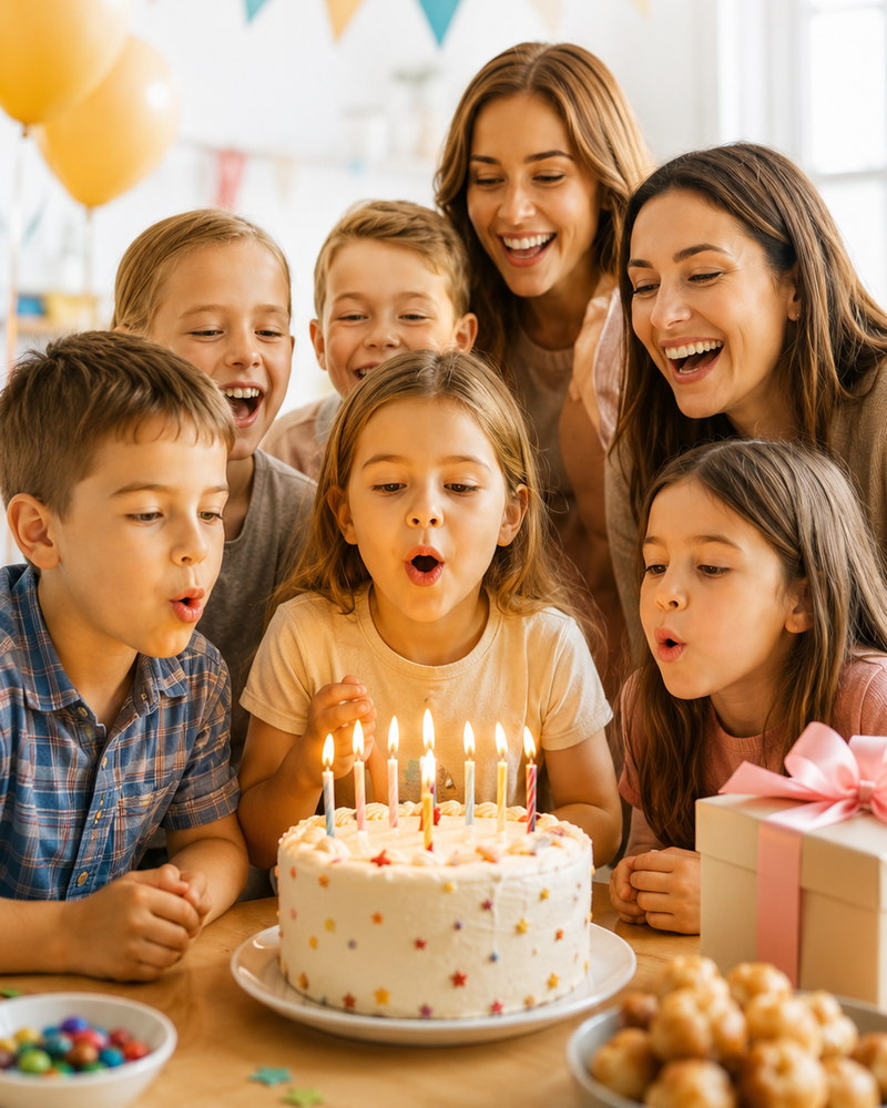 Friends celebrating a birthday beneath vivid decorations and confetti