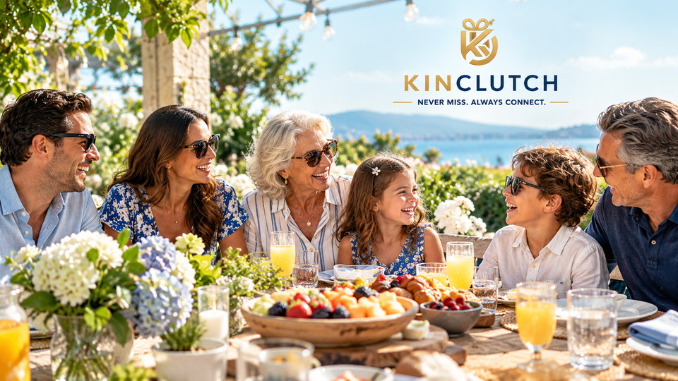 Three generations gathering around a colorful outdoor breakfast table
