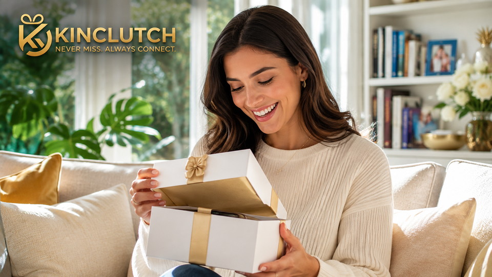 A smiling woman opening a white gift box tied with a gold ribbon