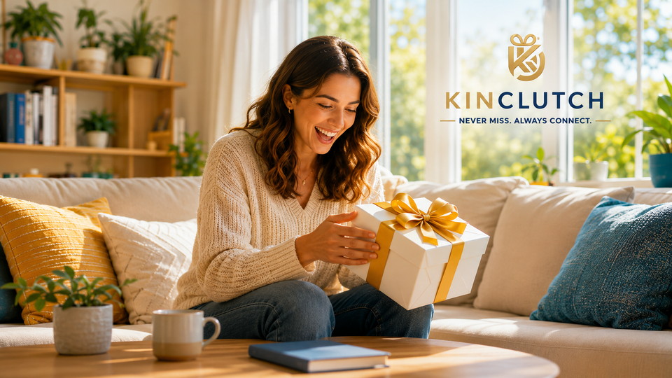 A delighted woman receiving a white gift wrapped with a gold bow