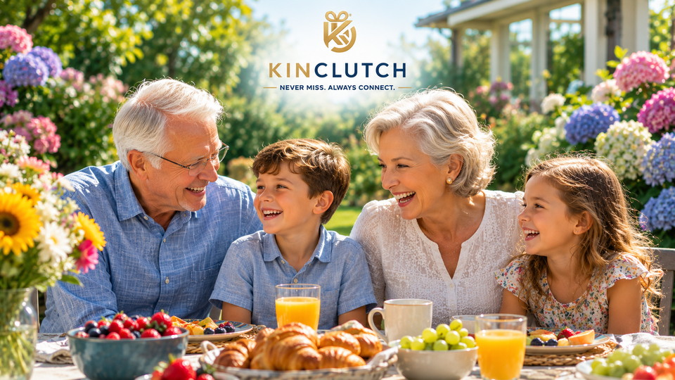 Grandparents sharing a joyful garden breakfast with their grandchildren