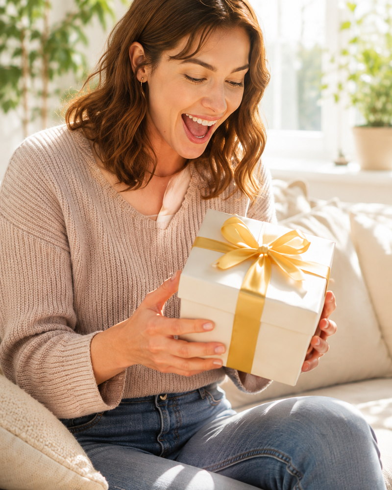 A woman smiling as she opens a white gift box with a gold ribbon